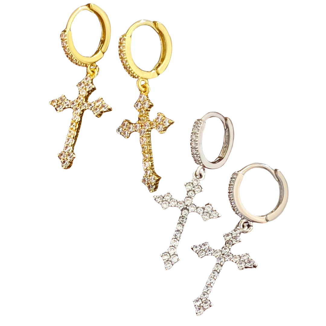 Elegant Crystal - Accented Crucifix Earrings - Gold/Silver