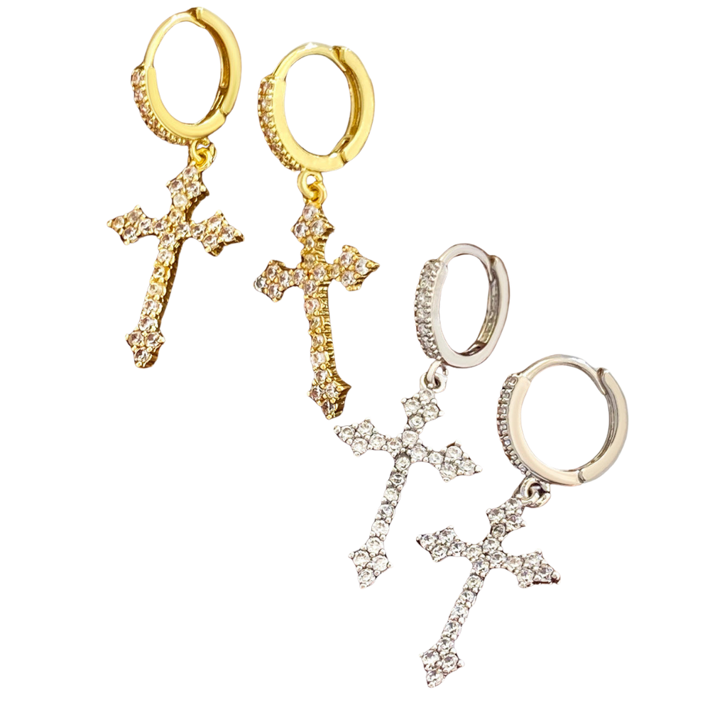 Elegant Crystal - Accented Crucifix Earrings - Gold/Silver