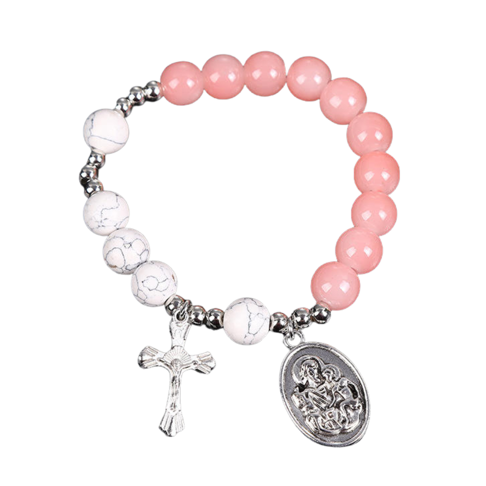 Faith & Grace Decade Rosary Bracelet – Pink & White with Crucifix & Virgin Mary Medal