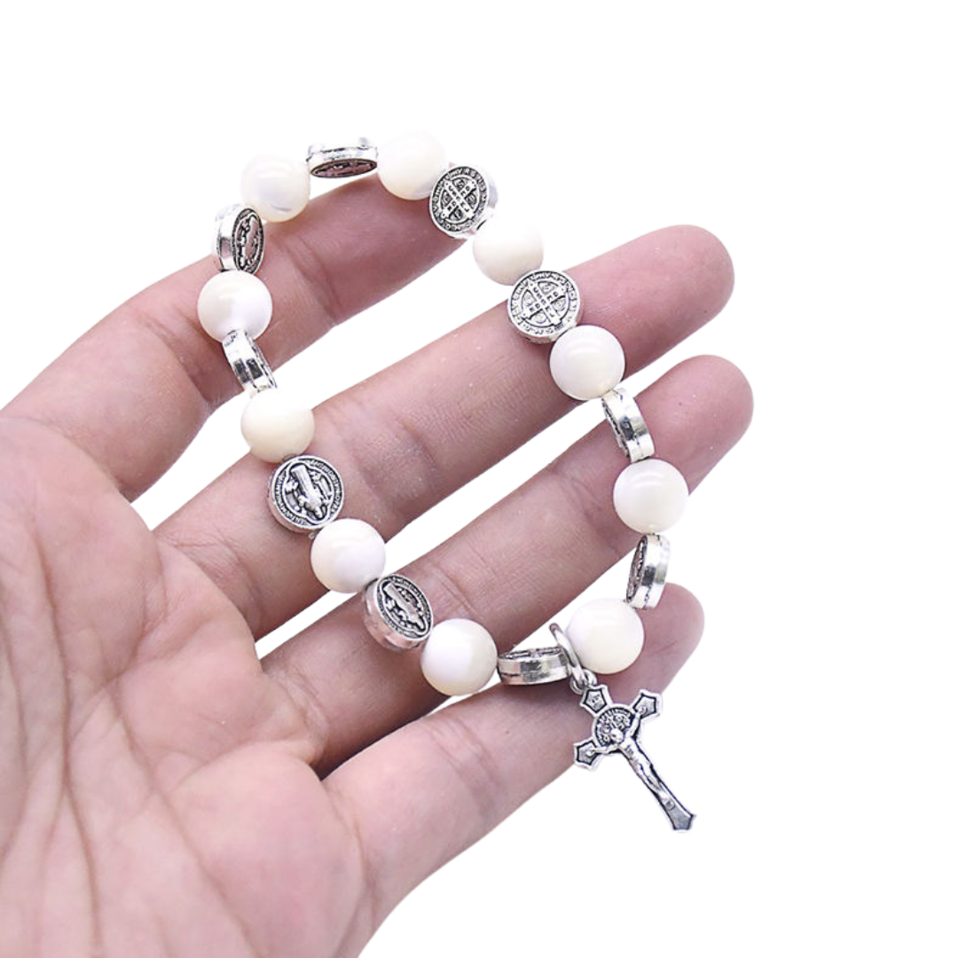 St. Benedict Devotional Rosary Bracelet – White Beads with Crucifix Charm