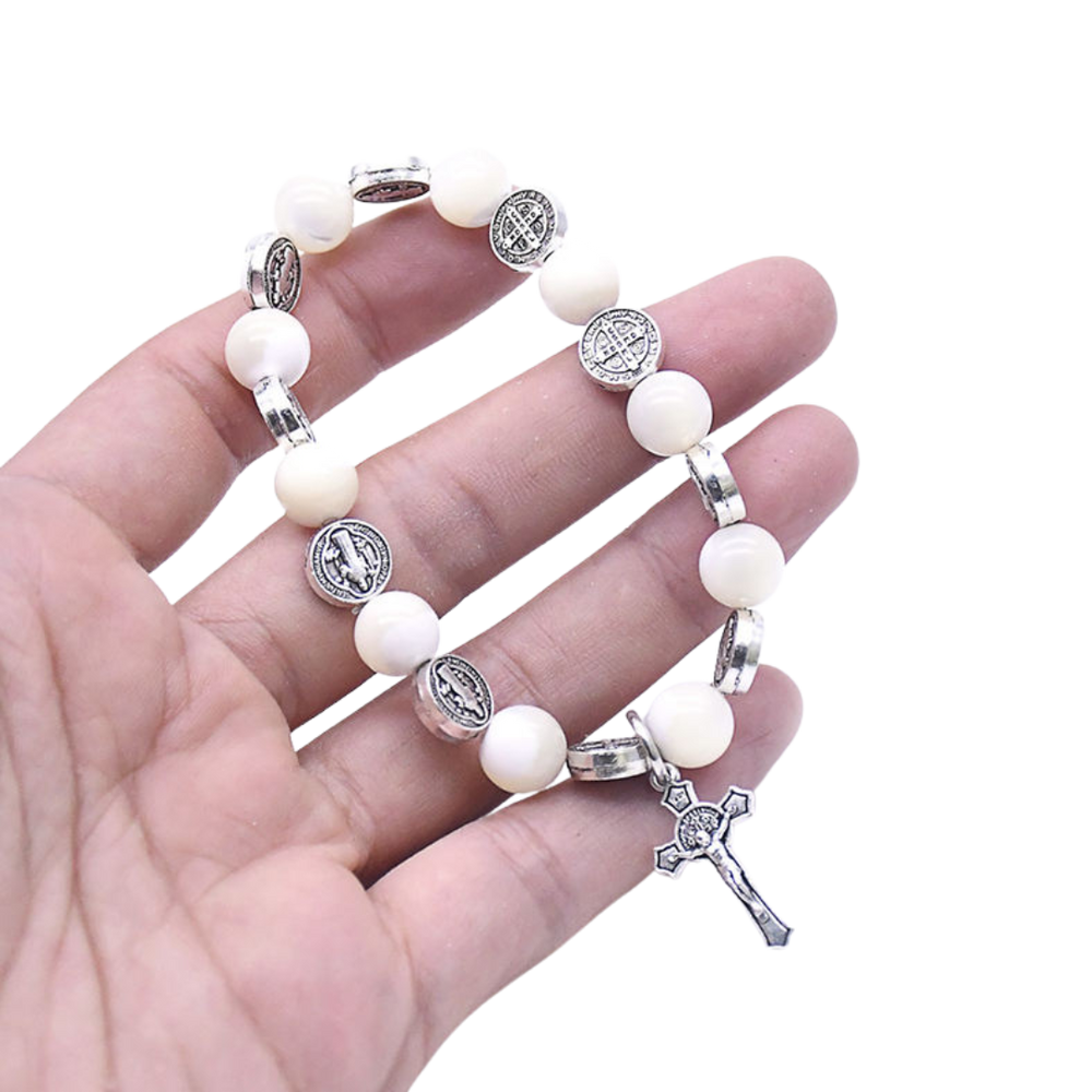 St. Benedict Devotional Rosary Bracelet – White Beads with Crucifix Charm