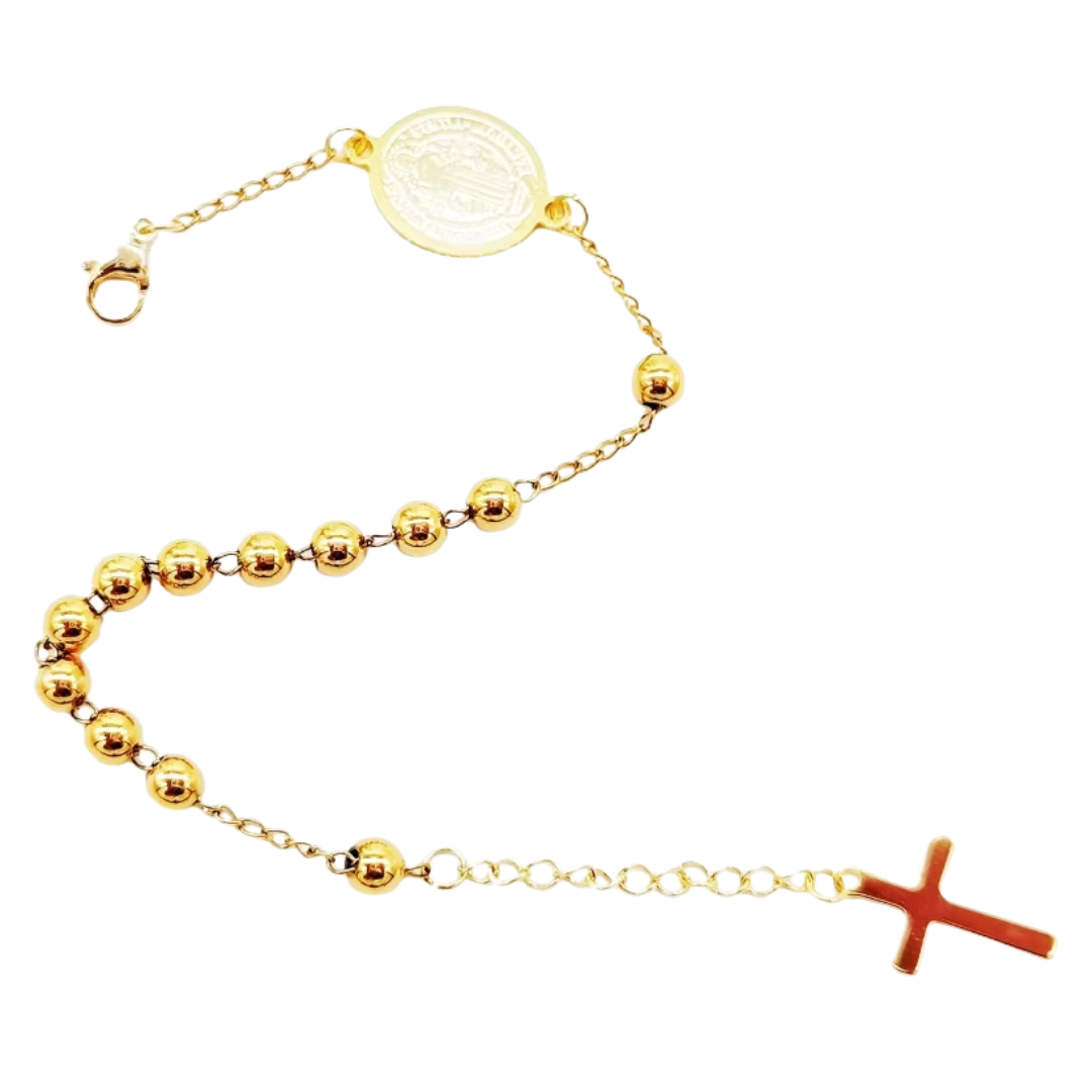 Gold plated St. Benedict Decade Rosary Bracelet – Crucifix Charm, Symbol of Faith & Protection