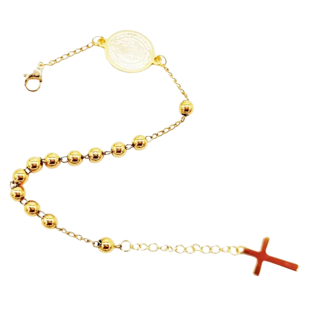 Gold plated St. Benedict Decade Rosary Bracelet – Crucifix Charm, Symbol of Faith & Protection