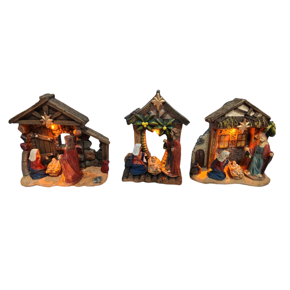 Small Resin Nativity Scene Ornament with integrated LED Light (3 Styles)
