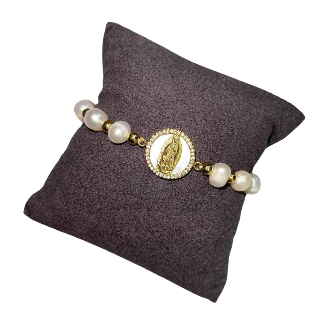 Gold Plated Virgin Mary Freshwater Cultured Pearl Bracelet