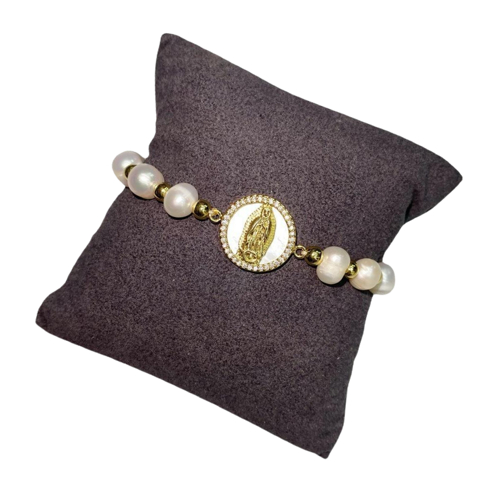 Gold Plated Virgin Mary Freshwater Cultured Pearl Bracelet