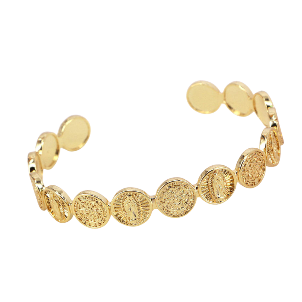 18K Gold Plated Guadalupe and Benedict Medallion Cuff Bangle