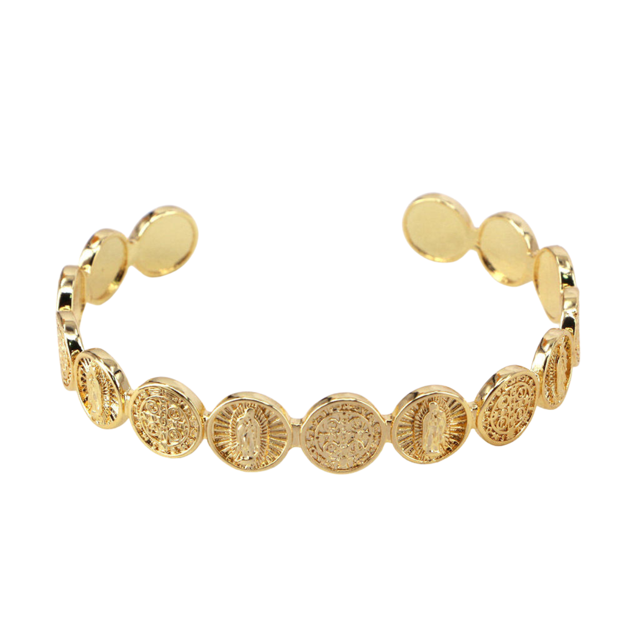 18K Gold Plated Guadalupe and Benedict Medallion Cuff Bangle