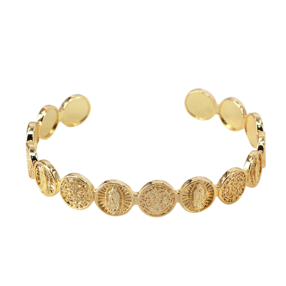 18K Gold Plated Guadalupe and Benedict Medallion Cuff Bangle