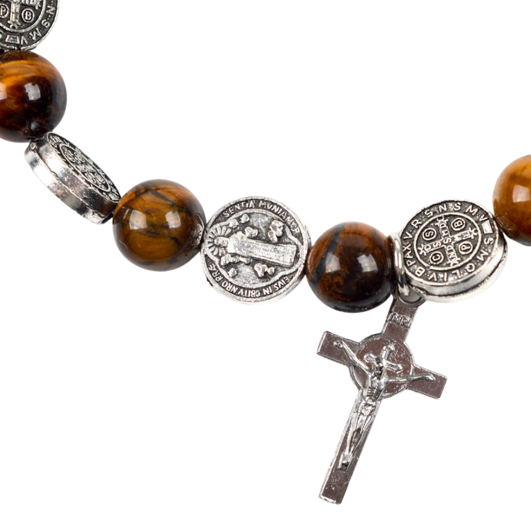 Saint Benedict Tiger Eye Rosary Bracelet