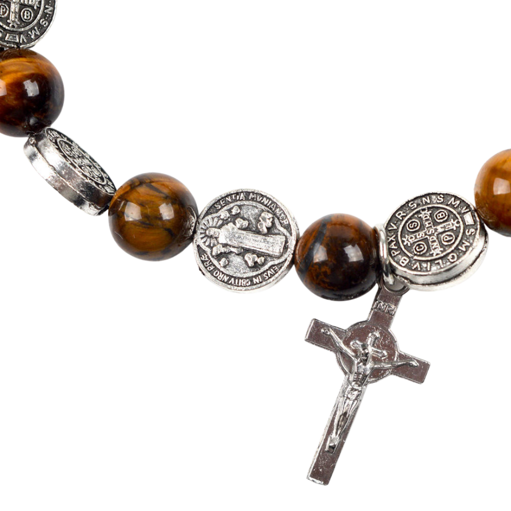 Saint Benedict Tiger Eye Rosary Bracelet