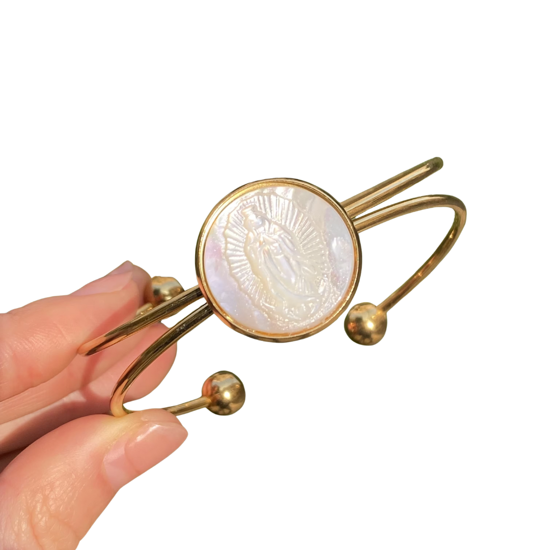 Mother-of-Pearl Virgin Mary Guadalupe Bangle – Gold and Silver