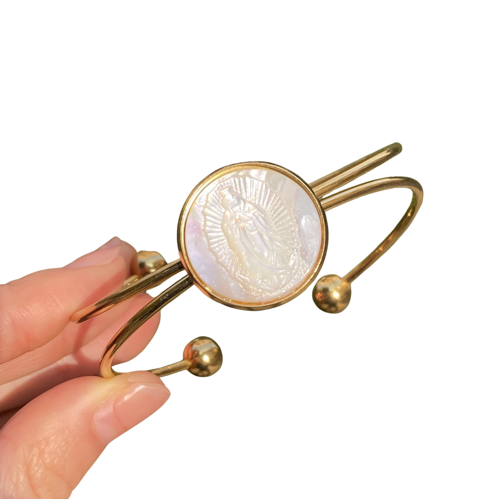 Mother-of-Pearl Virgin Mary Guadalupe Bangle – Gold and Silver