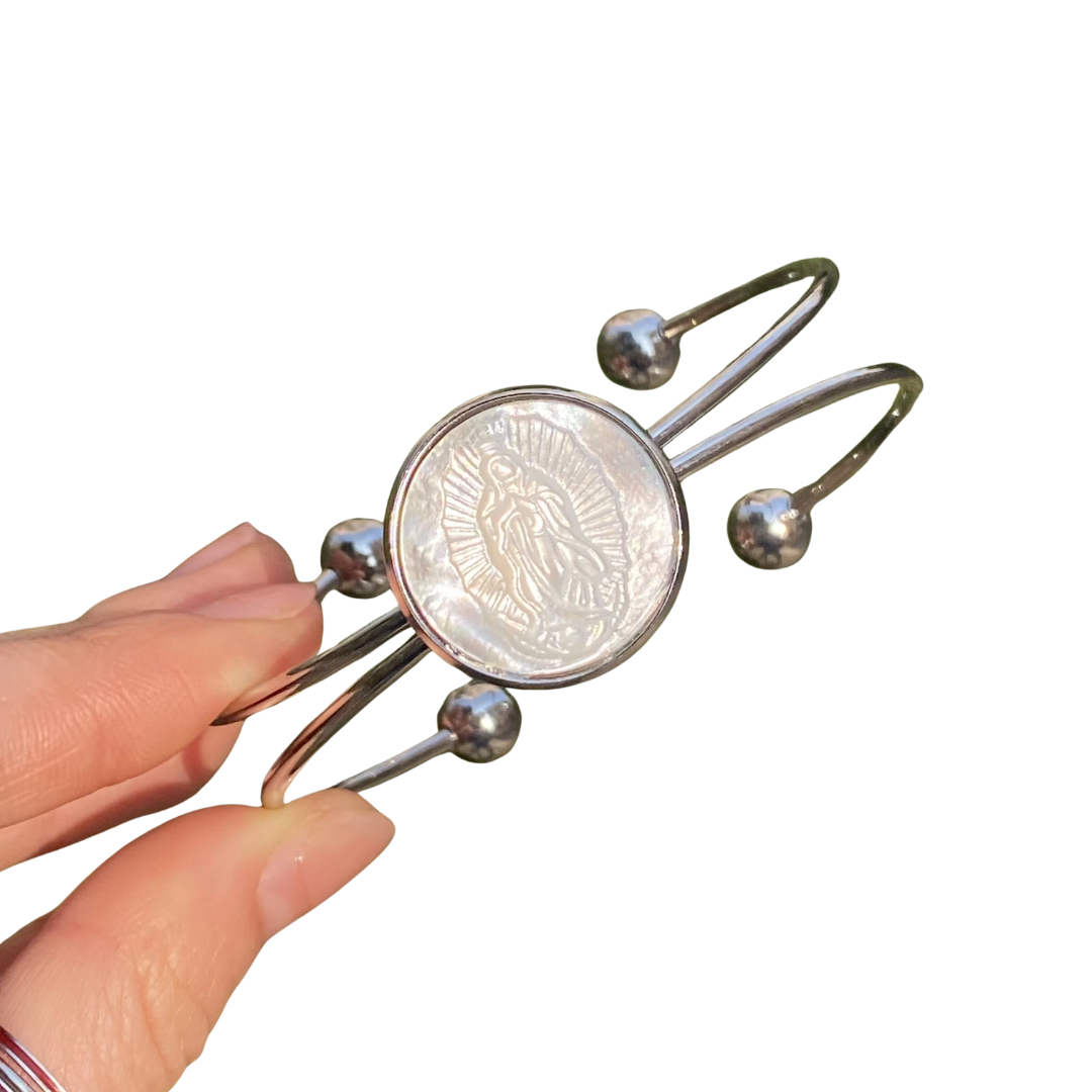 Mother-of-Pearl Virgin Mary Guadalupe Bangle – Gold and Silver