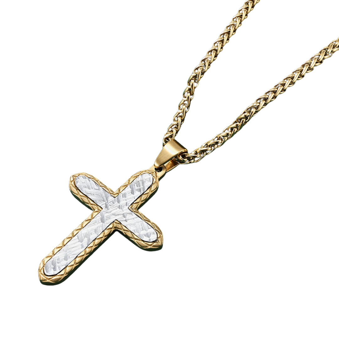 Two-Tone Crucifix Pendant Necklace – Stainless Steel with 18K Gold-Plating (61cm chain)