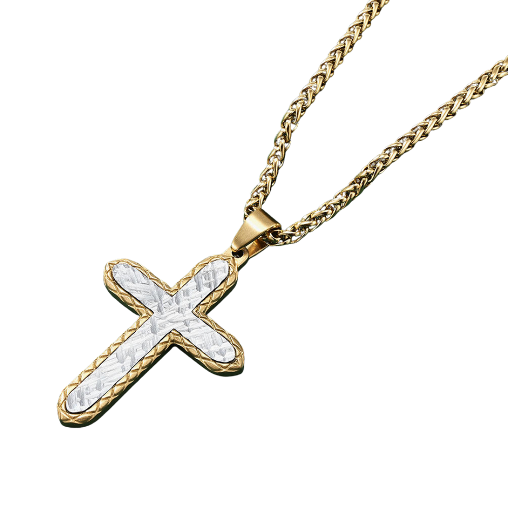 Two-Tone Crucifix Pendant Necklace – Stainless Steel with 18K Gold-Plating (61cm chain)