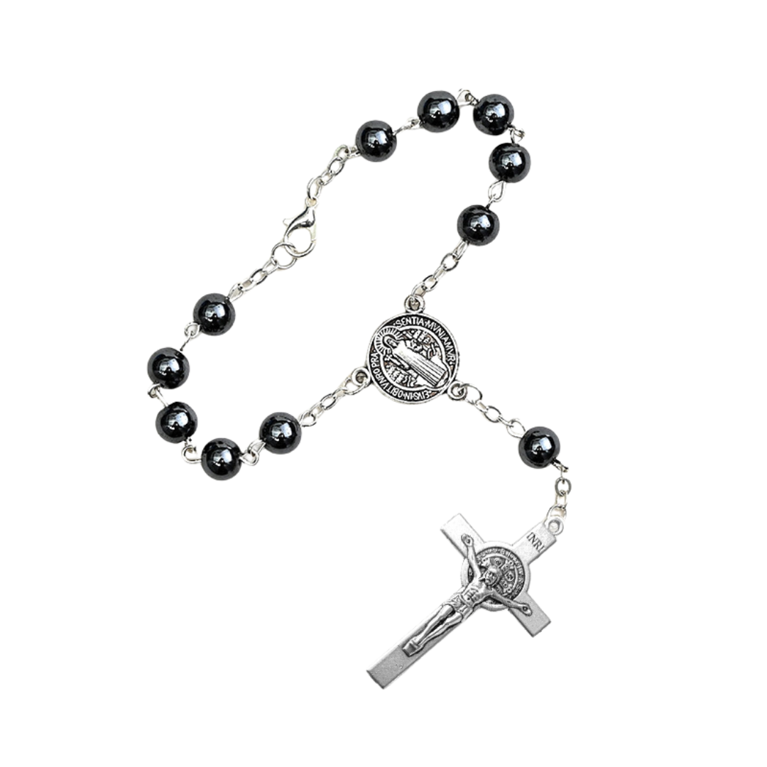 Genuine Polished Hematite Decade Rosary with St. Benedict Medal