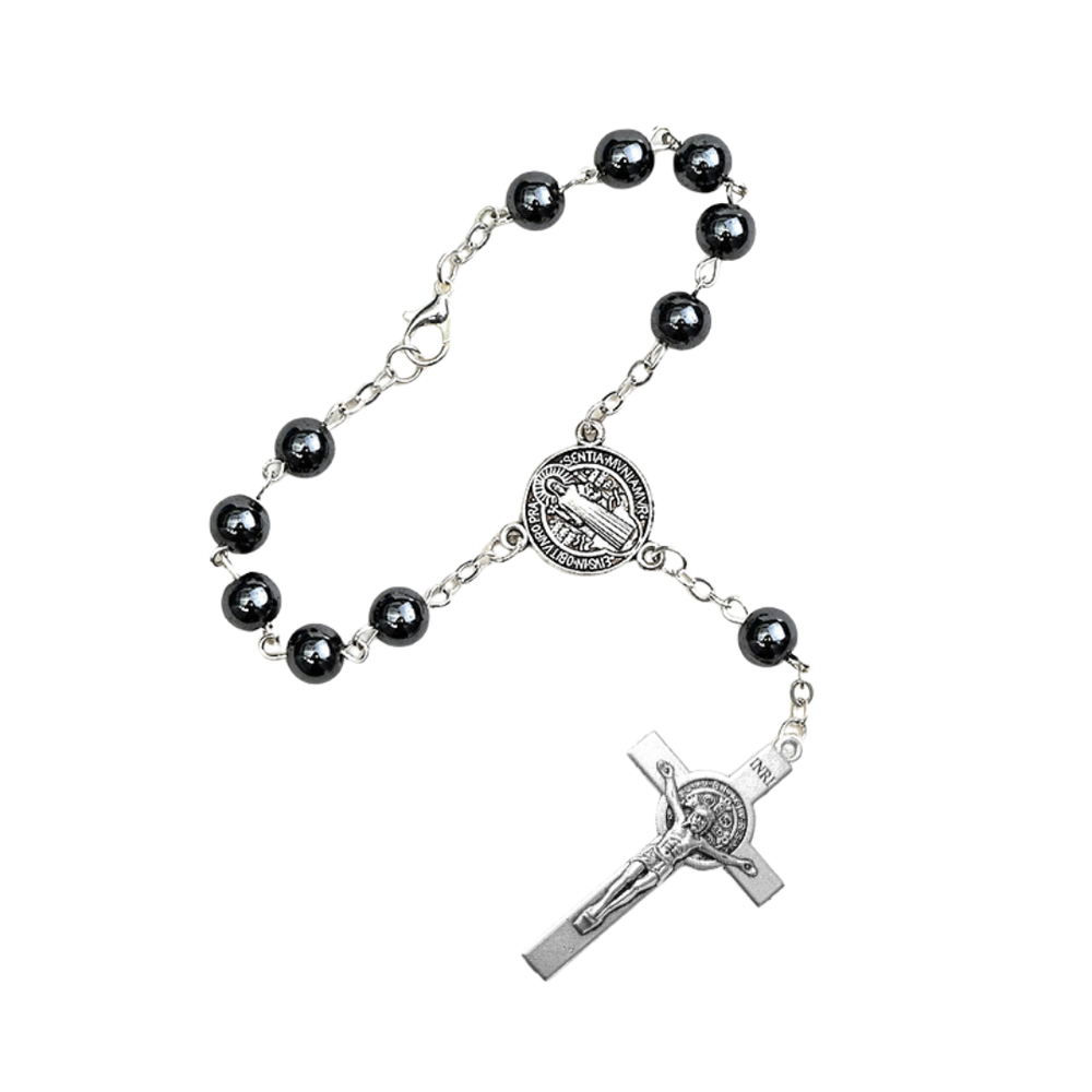 Genuine Polished Hematite Decade Rosary with St. Benedict Medal