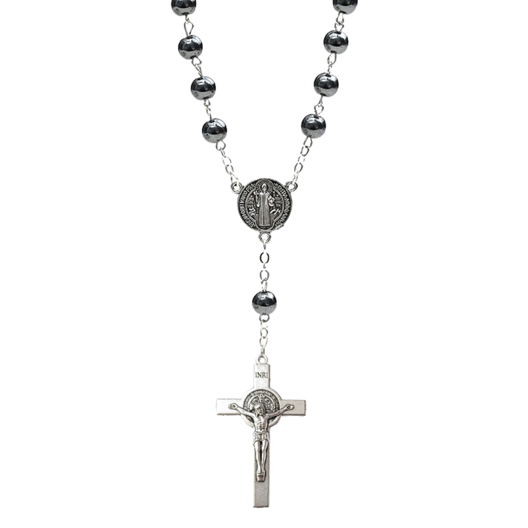 Genuine Polished Hematite Decade Rosary with St. Benedict Medal