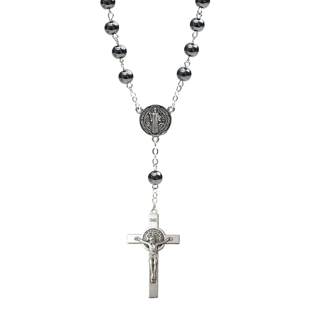 Genuine Polished Hematite Decade Rosary with St. Benedict Medal
