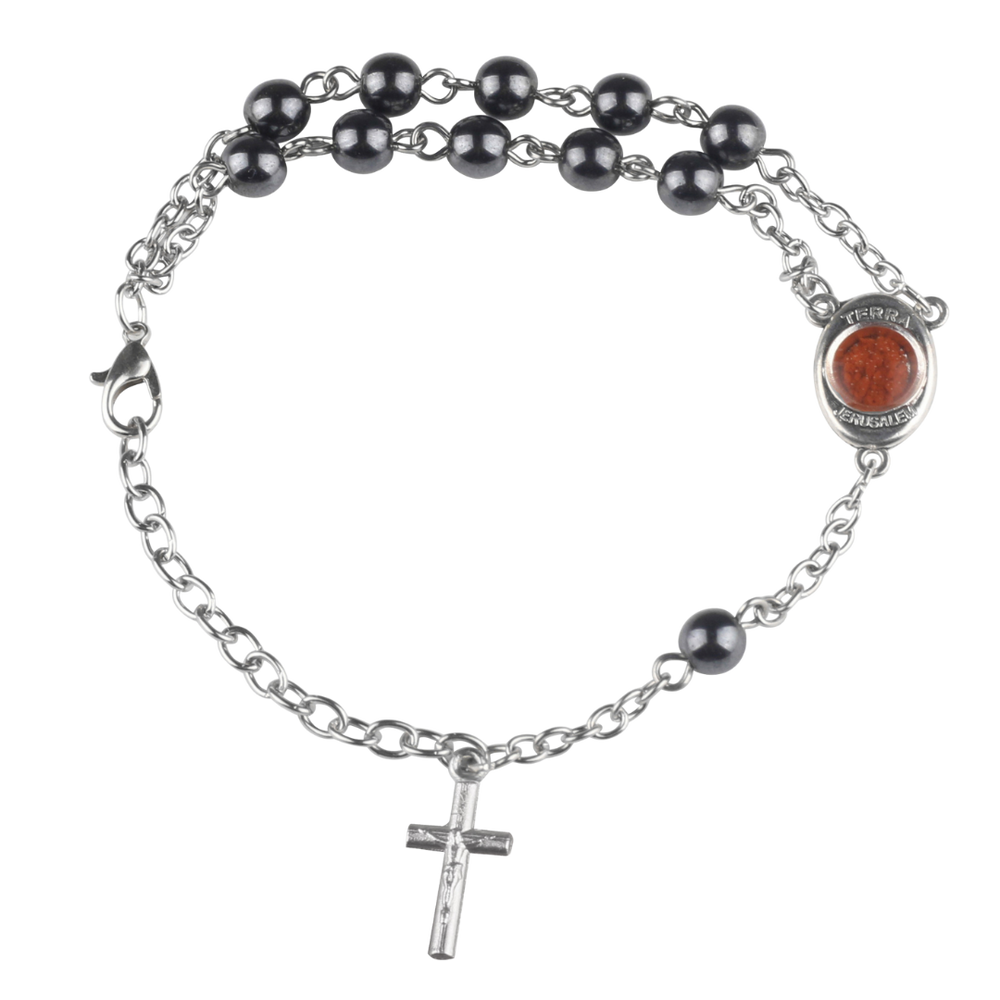 Genuine Polished Hematite Decade Rosary Bracelet, Adjustible