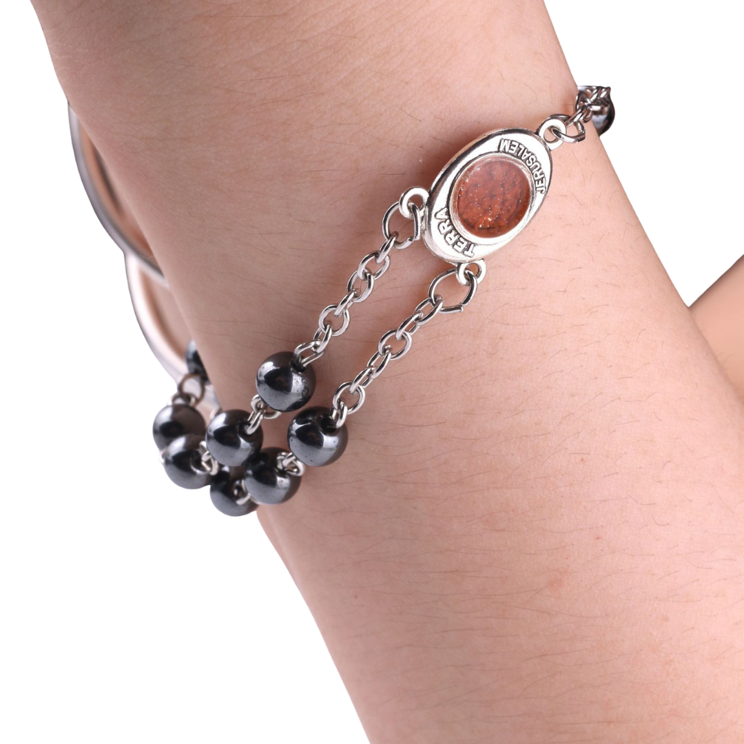 Genuine Polished Hematite Decade Rosary Bracelet, Adjustible