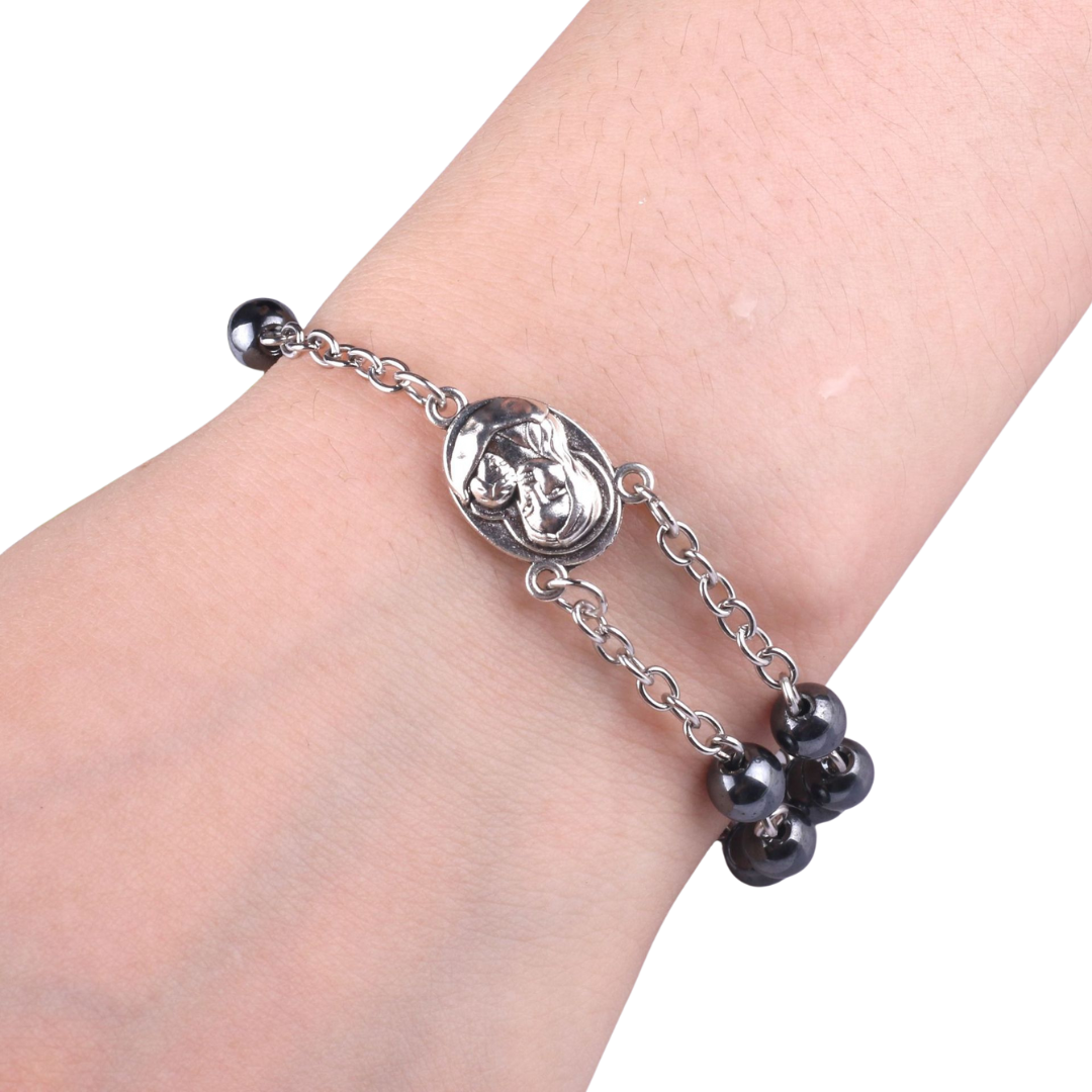 Genuine Polished Hematite Decade Rosary Bracelet, Adjustible