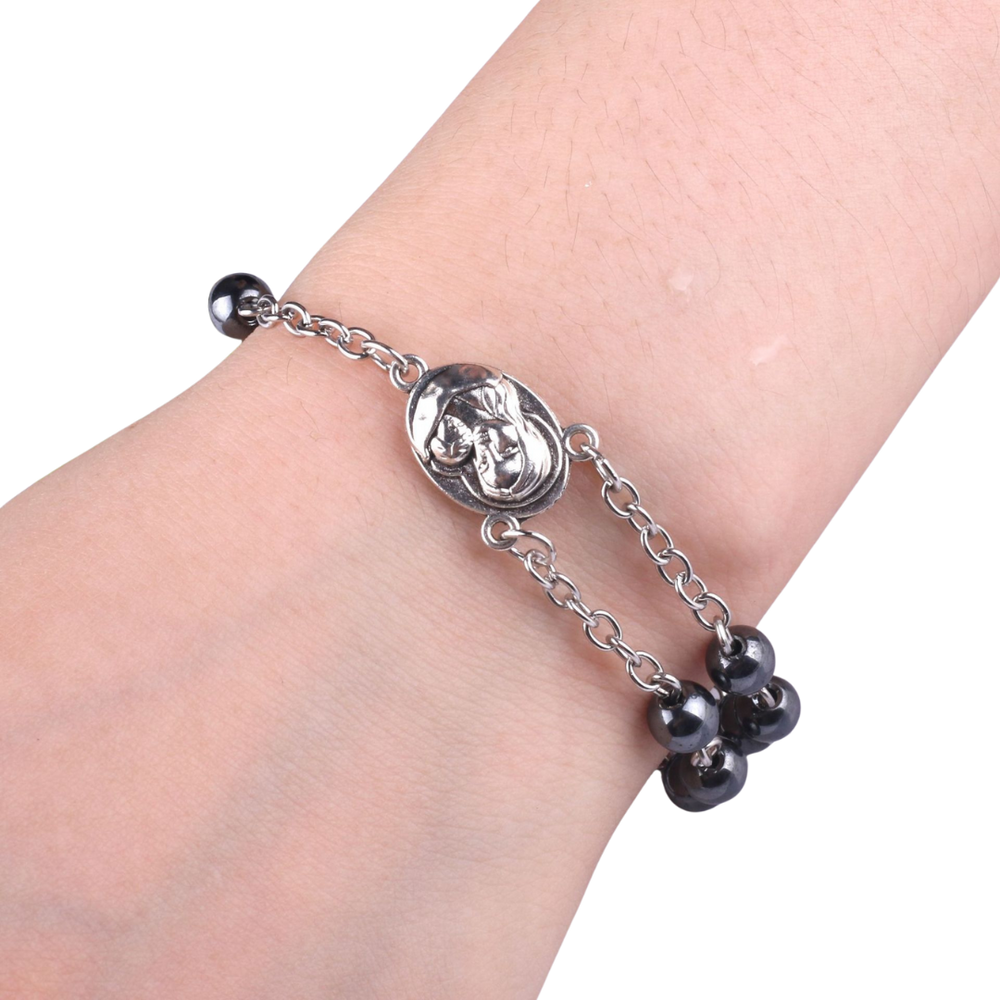 Genuine Polished Hematite Decade Rosary Bracelet, Adjustible