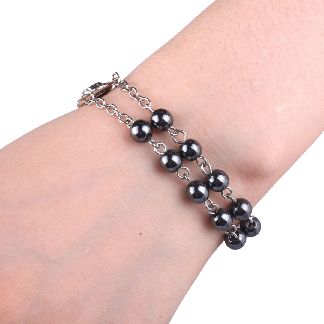 Genuine Polished Hematite Decade Rosary Bracelet, Adjustible