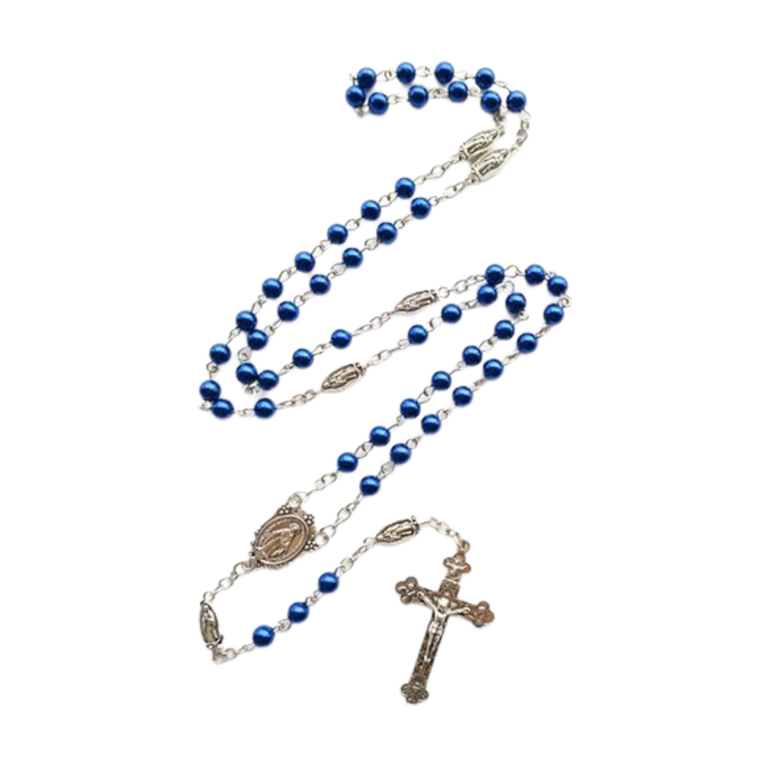 Navy Blue Glass Pearl Rosary with Guadalupe Charm