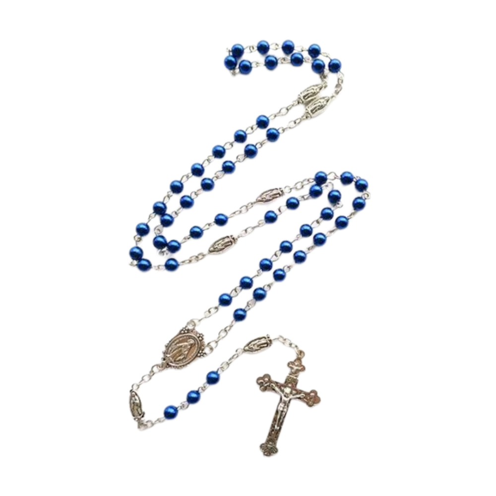 Navy Blue Glass Pearl Rosary with Guadalupe Charm