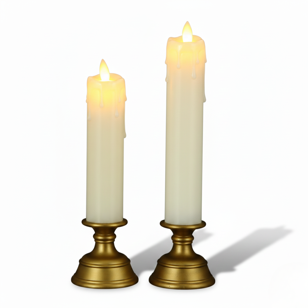 LED Pillar Candle with Gold Base – Warm Yellow Light (Decorative Devotional Design)