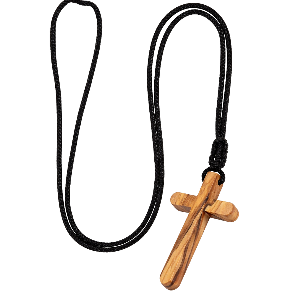 Olive Wood Crucifix Pendant Necklace – Natural Wood with Black Rope (80 cm)