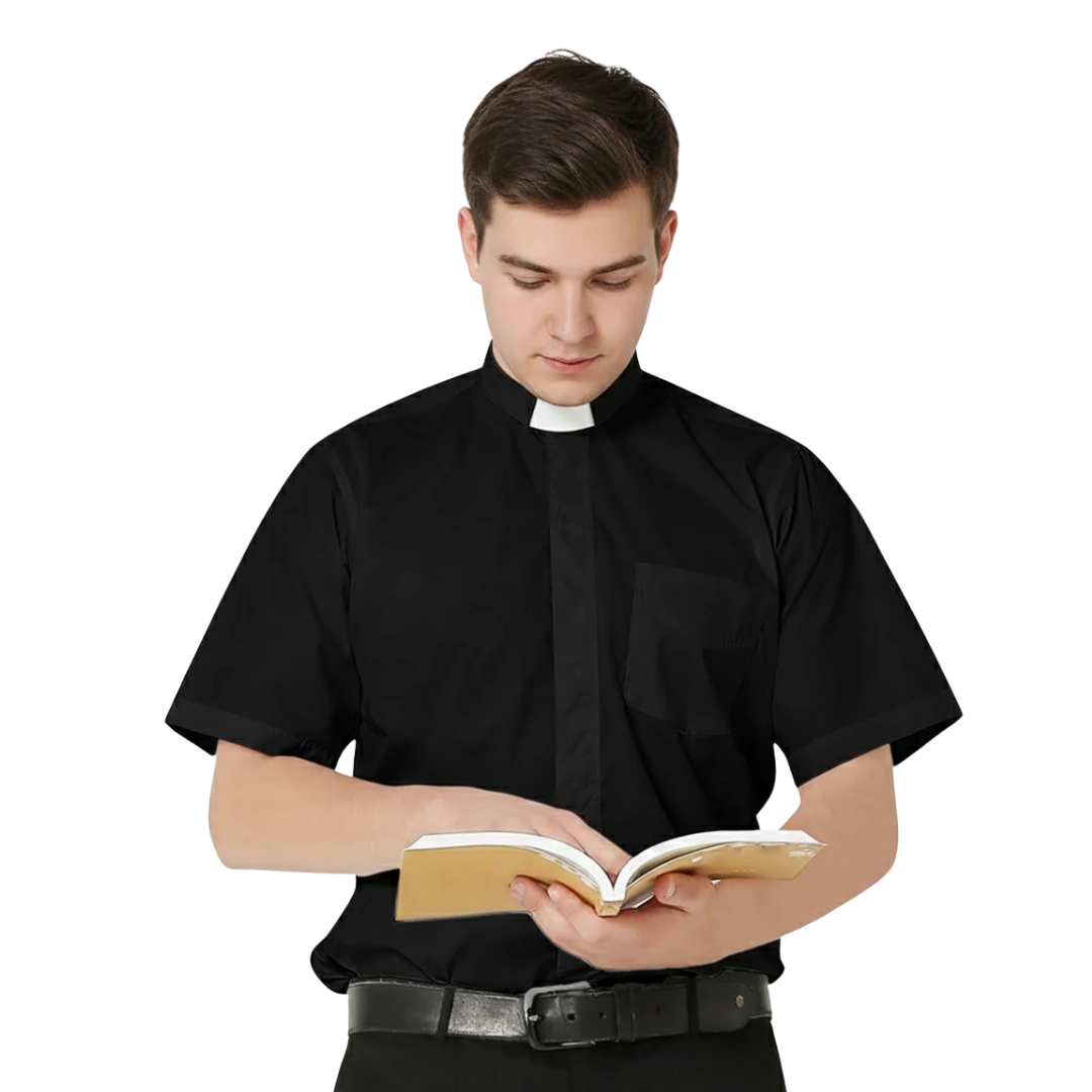Men’s Short Sleeve Tab Collar Clergy Shirt – Black (Cotton Blend)