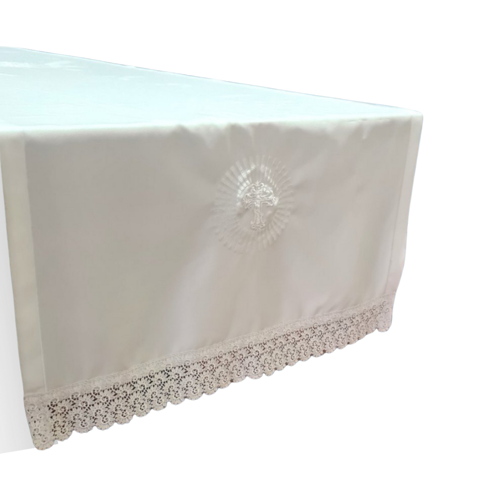 Linen Altar Cloth with Embroidered Crosses & Lace – 280cm Length x 65cm Width