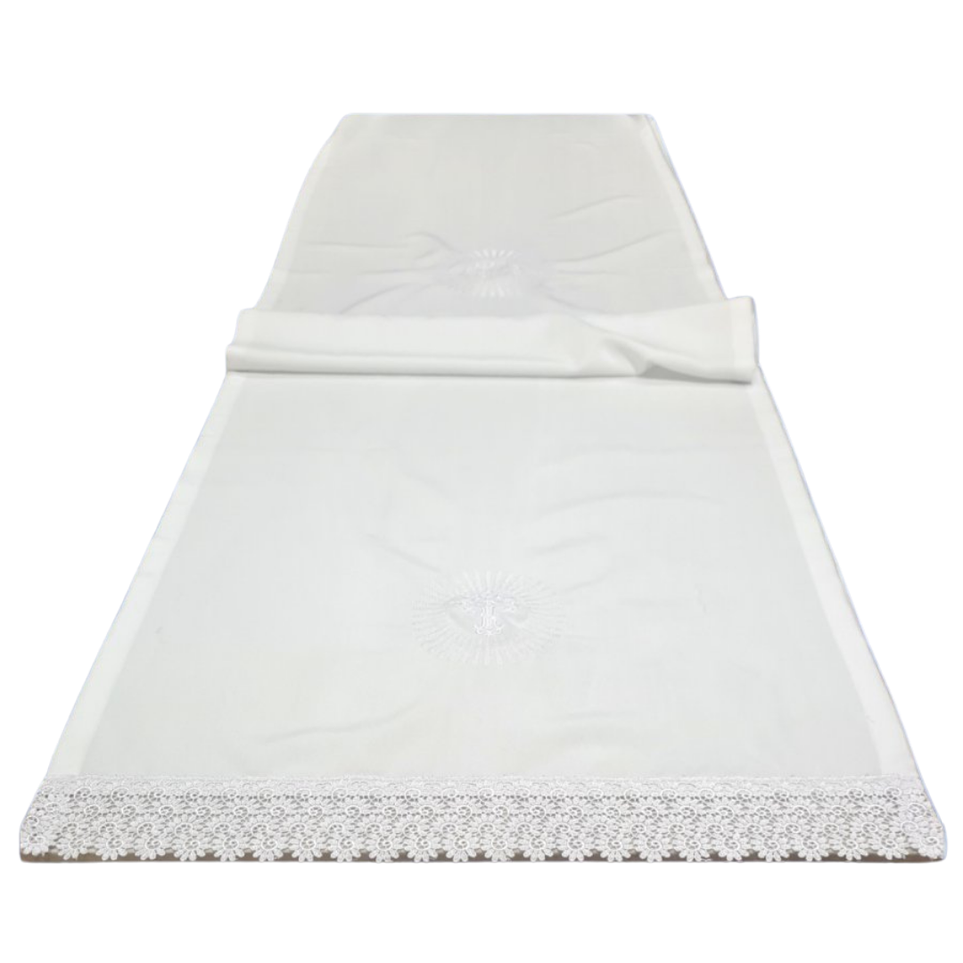 Linen Altar Cloth with Embroidered Crosses & Lace – 280cm Length x 65cm Width