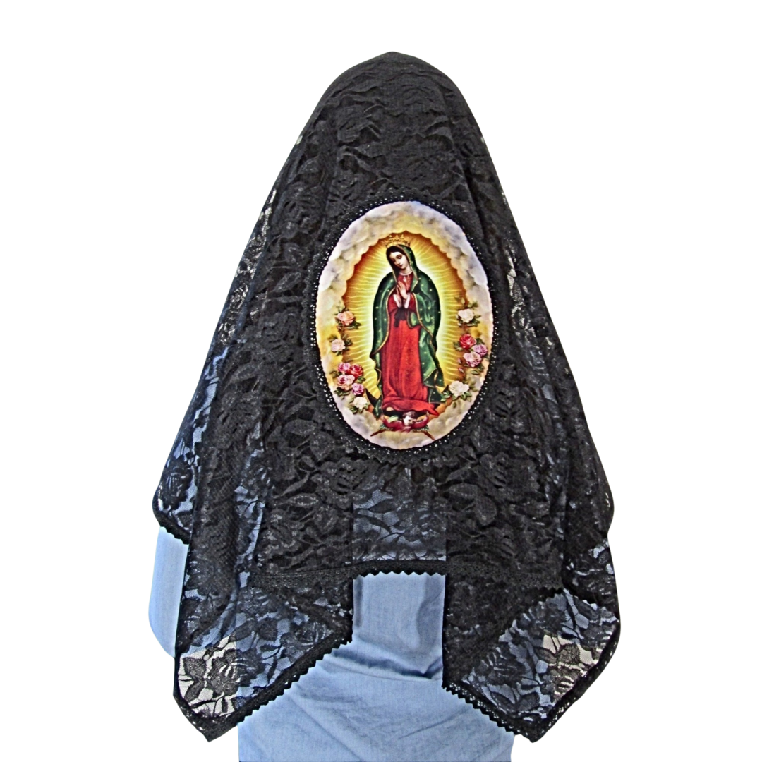 Our Lady of Guadalupe Mantilla – Black Lace (101 cm Length x 61 cm Width) - 100% Polyester
