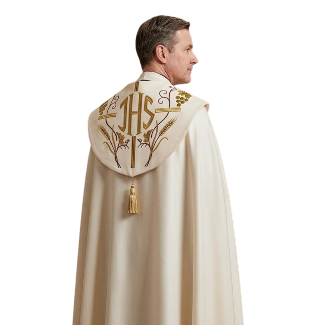 Cream Gothic Cope – IHS Embroidery (Lightweight Fabric | Includes Priest Stole)