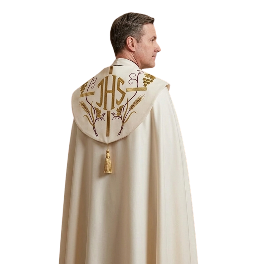 Cream Gothic Cope – IHS Embroidery (Lightweight Fabric | Includes Priest Stole)