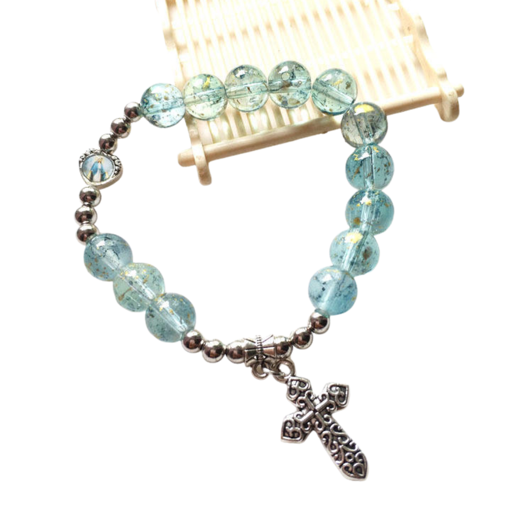 Aqua Blue Crystal Beaded Crucifix Rosary Bracelet
