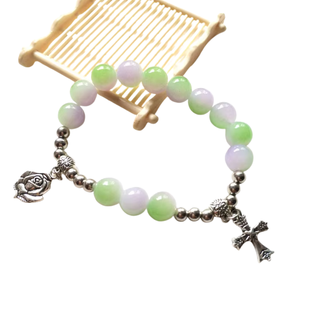 Beaded Crucifix Rosary Bracelet - Green and Lilac