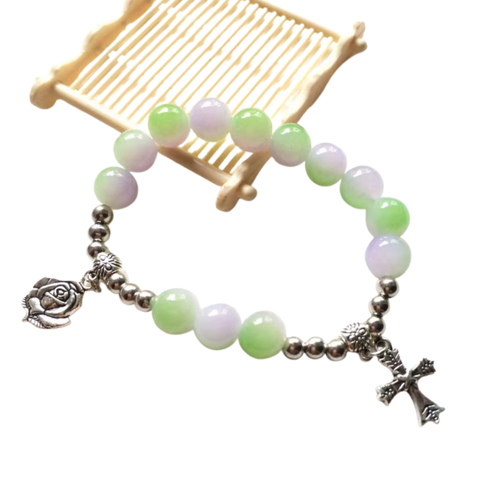 Beaded Crucifix Rosary Bracelet - Green and Lilac