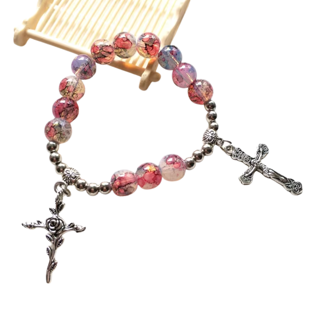 Marbled Pink Beaded Crucifix Rosary Bracelet