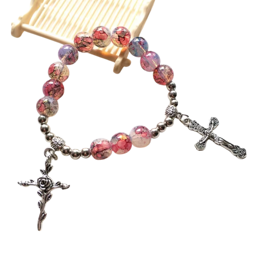 Marbled Pink Beaded Crucifix Rosary Bracelet