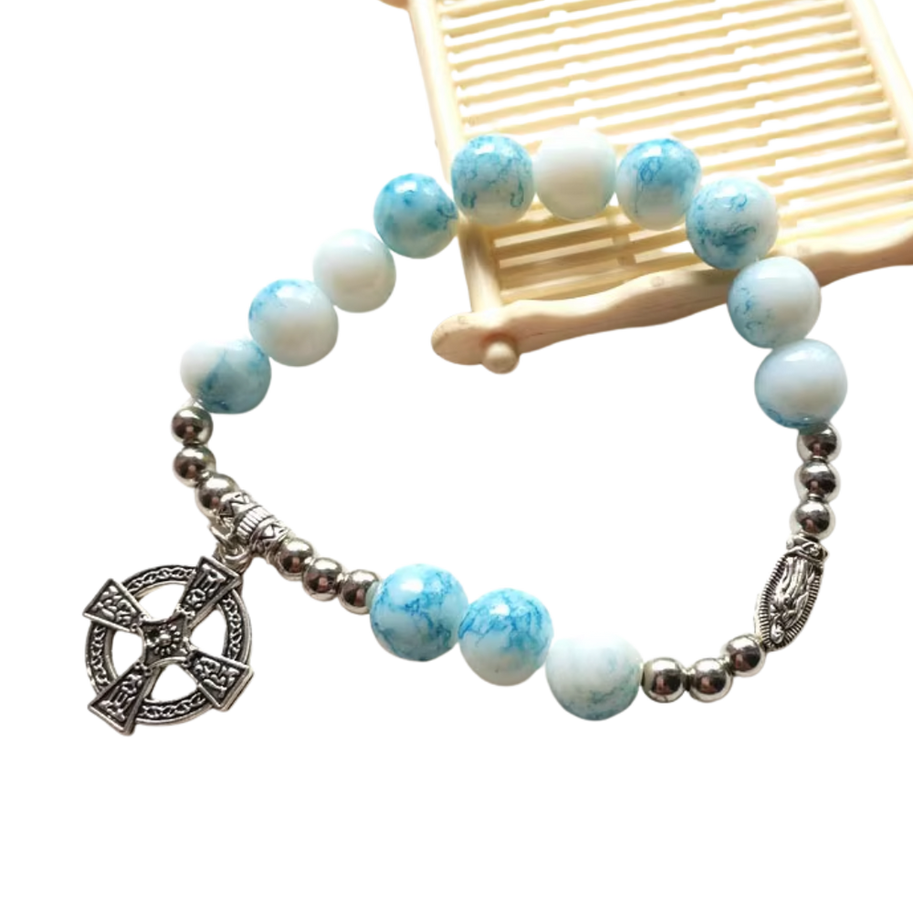 Blue Marbled Beaded Crucifix Rosary Bracelet