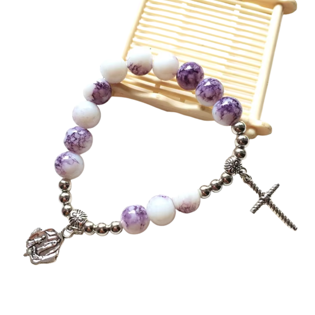 Purple Marbled Glass Beaded Crucifix Rosary Bracelet