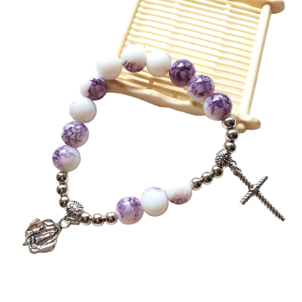 Purple Marbled Glass Beaded Crucifix Rosary Bracelet