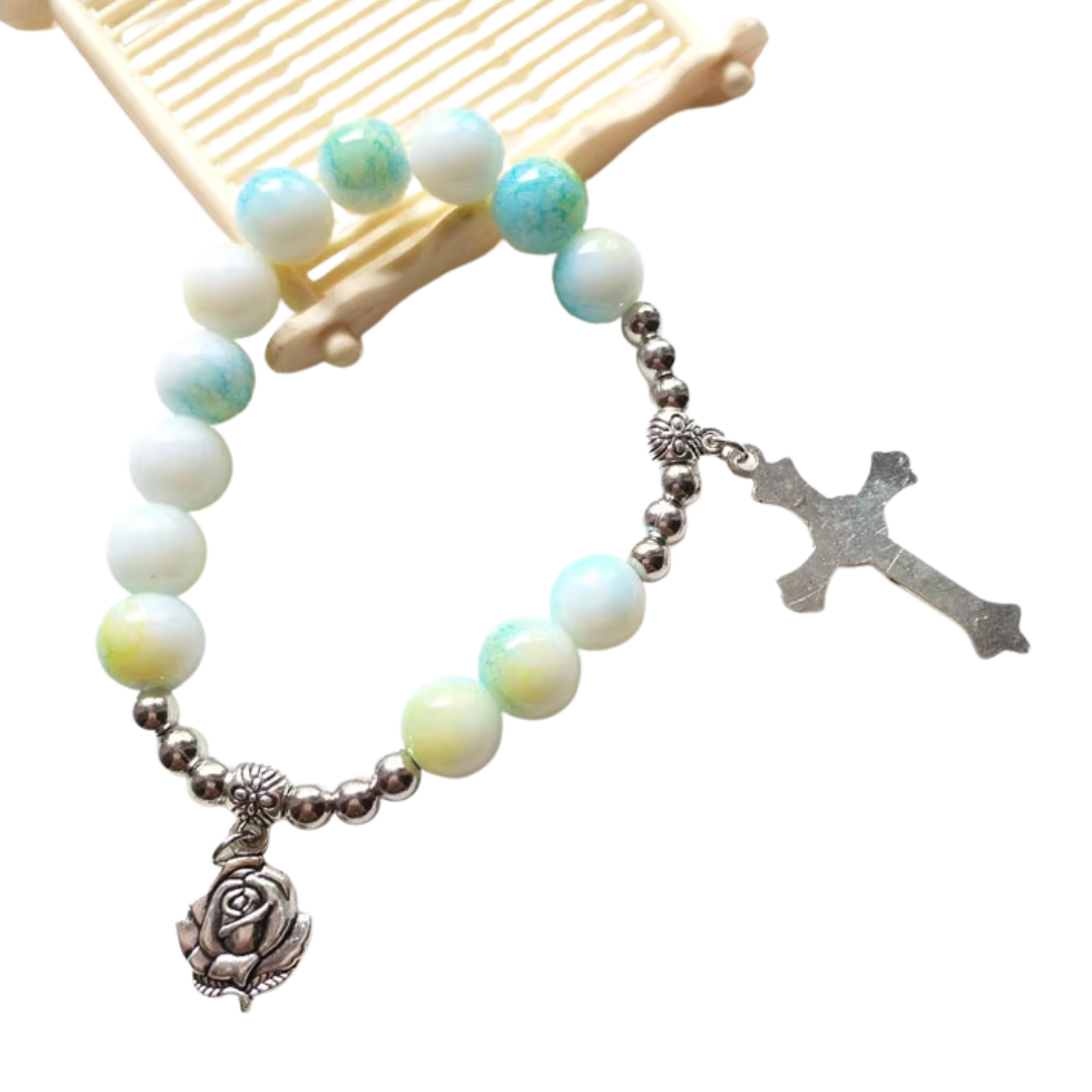 Serenity Aqua Marbled Rosary Bracelet with Crucifix & Rose