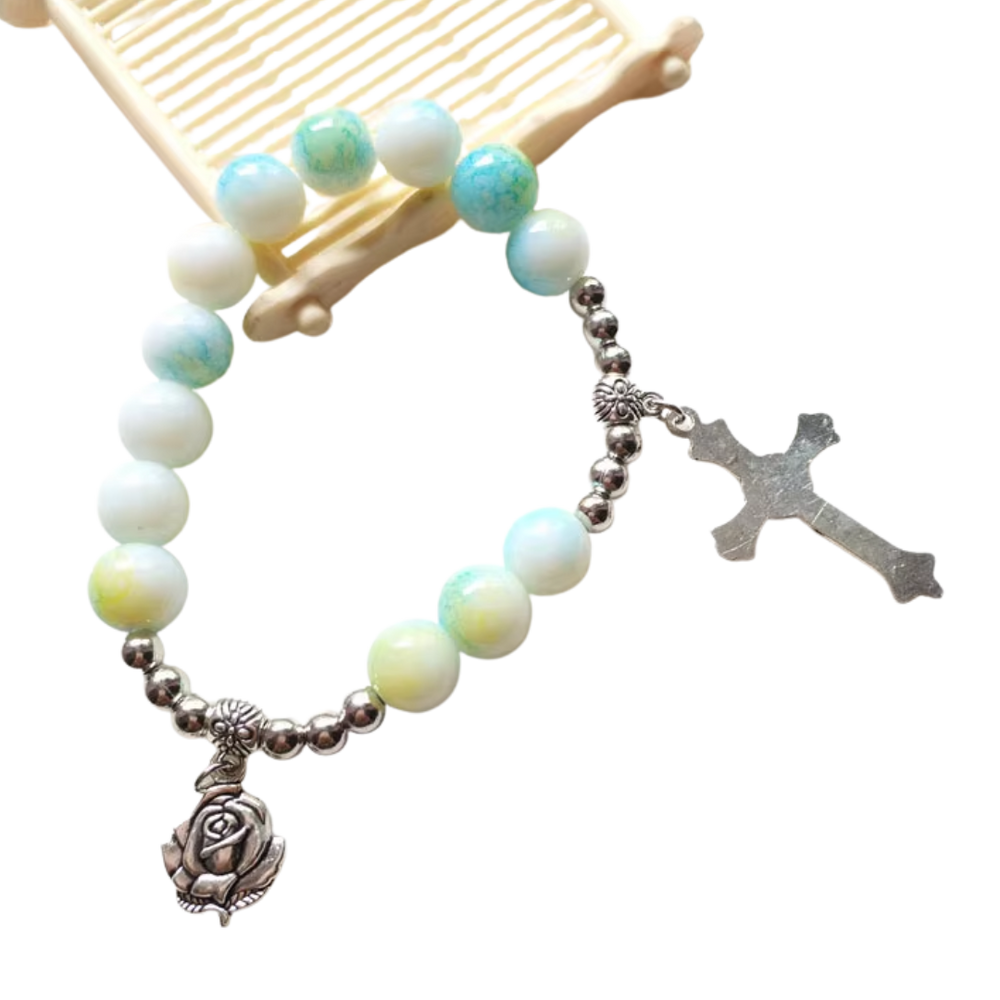 Serenity Aqua Marbled Rosary Bracelet with Crucifix & Rose