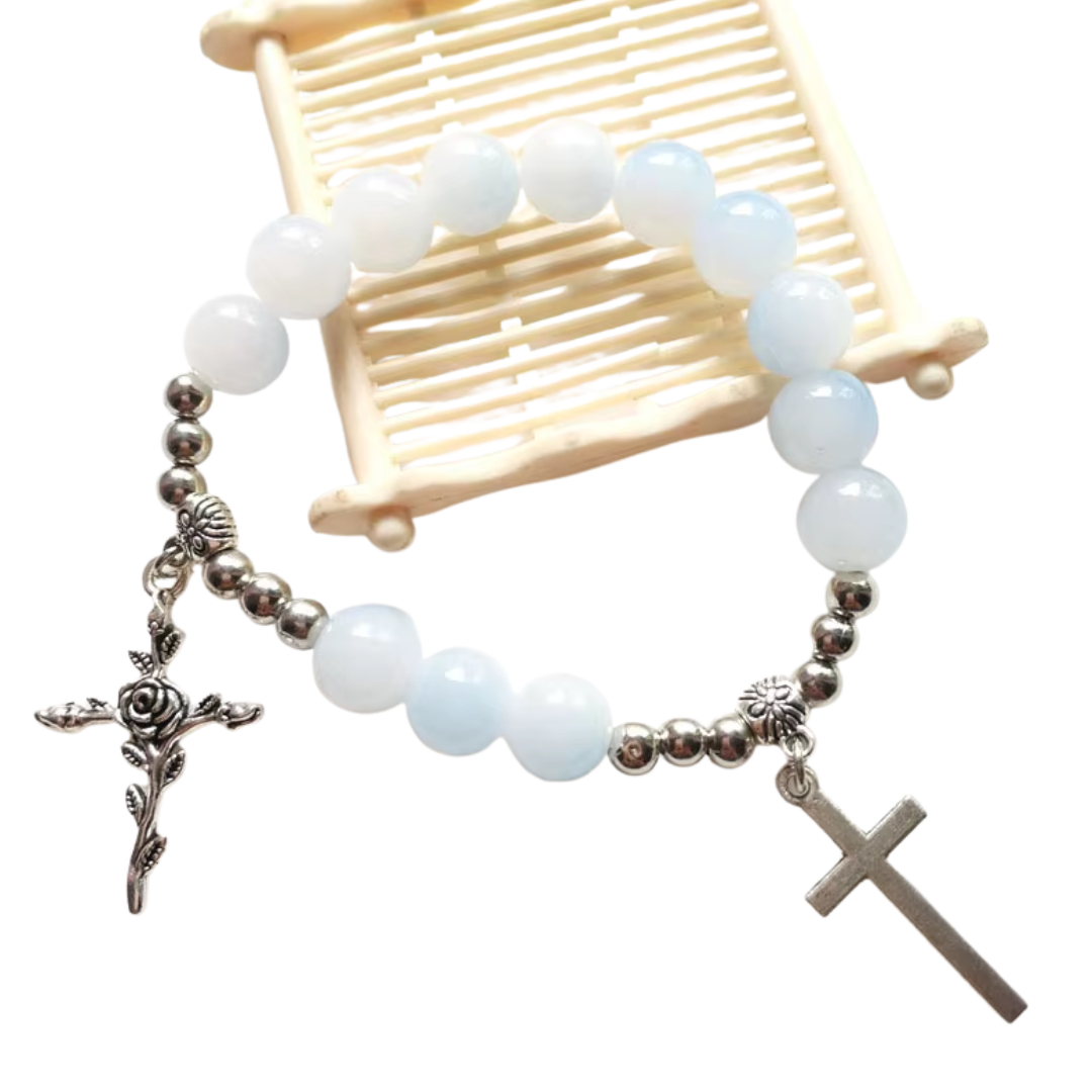 White Beaded Crucifix Rosary Bracelet